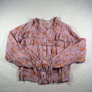 Easel Women’s Size Large Floral Button Down Blouse Purple Orange Boho Top